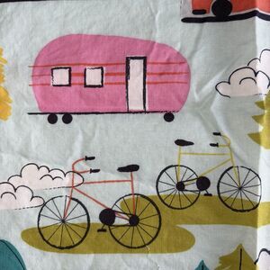 Camp Site 2016 Blend Fabric 42 x 28 Print Of Pink Camper Tents Bicycles